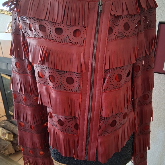 Wild Honey Jackets & Blazers - Wild Honey Red Leather Jacket with Fringe and Cutouts